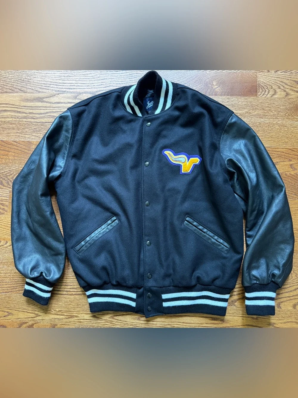 Jostens Men’s L Black Wool Leather Varsity Letterman Jacket V Horn Patch